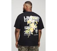Mens Black Plus Oversized Limited Edition Floral Print T-Shirt, Black 4XL