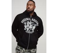 Mens Black Plus Regular Fit Western Print Zip Through Hoodie, Black 4XL