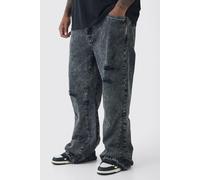 Mens Black Plus Slim Rigid Flare Distressed Gusset Panel Acid Washed Jeans, Black 40