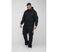 Mens Black Plus Super Stacked Woven Tab Cargo Hooded Tracksuit, Black 4XL