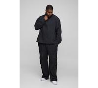 Mens Black Plus Textured Denim Funnel Neck Shirt, Black XXXXL