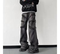 Mens Black Punk Rock Retro High Waist Jeans, Y2K Streetwear Wide Leg Pants (M Black)
