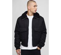 Mens Black Regular Fit Boucle Borg Collar Nylon Bomber Jacket, Black XL