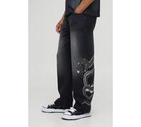 Mens Black Relaxed Fit Snake Embroidery Washed Jeans, Black 30R