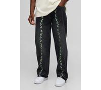 Mens Black Relaxed Floral Embroidery Denim Jeans with Let Down Hem, Black 36R