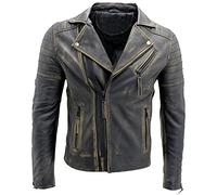 Men's Black Rub Off Slim Fit Brando Style Double Cross Zip 100% Leather Biker Fashion Jacket S