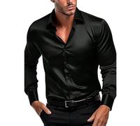 Men's Black Satin Button Down Collared Suit Shirt Long Sleeve Slim Fit Shirt for Formal Occasions Evening Events and Smart Casual Dress Shirts (Black, S)