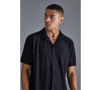 Mens Black Short Sleeve Ribbed Revere Oversized Shirt, Black L