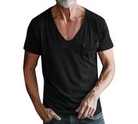Mens Black Short Sleeve T Shirt Deep V Neck T-Shirt Low Cut Scoop Tee Vee Top Regular Fit Solid Blouse Stylish Streetwear Shirts Holiday Beach Tee Business Work Tops Wedding Dress Shirt with Pocket