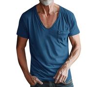 Mens Black Short Sleeve T Shirt Deep V Neck T-Shirt Low Cut Scoop Tee Vee Top Regular Fit Solid Blouse Stylish Streetwear Shirts Holiday Beach Tee Business Work Tops Wedding Dress Shirt with Pocket