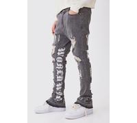 Mens Black Skinny Stretch Stacked Distressed Embroidered Gusset Jeans, Black 34R