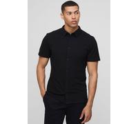 Mens Black Slim Fit Pique Button Down Collar Jersey Shirt, Black XS