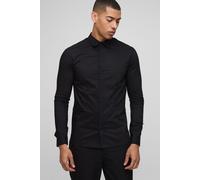 Mens Black Stretch Fit Basic Long Sleeve Collared Shirt, Black L