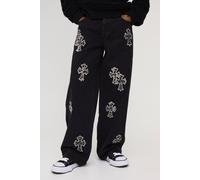 Mens Black Tall Baggy Leopard Cross Applique Jeans, Black 34