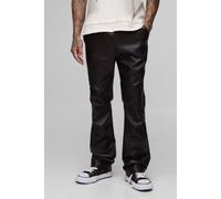Mens Black Tall Leather Look Pleat Ruched Flared Trousers, Black 34