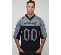 Mens Black Tall Oversized Embroidery Football Denim T-Shirt, Black XL