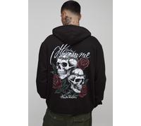 Mens Black Tall Oversized Gothic Skull Floral Print Hoodie, Black XL