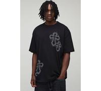 Mens Black Tall Oversized Rhinestone Cross Embellished T-Shirt, Black S