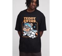 Mens Black Tall Oversized Teddy Swims License Print T-Shirt, Black 2XL