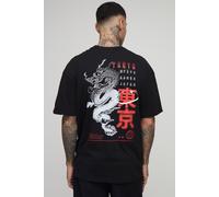 Mens Black Tall Oversized Tokyo Dragon Printed T-Shirt, Black S