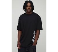Mens Black Tall Oversized Washed Cross Puff Print T-Shirt, Black L