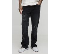 Mens Black Tall Slim Flare Applique Gusset Panel Jeans, Black 36