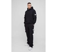 Mens Black Tall Super Stacked Woven Tab Cargo Hooded Tracksuit, Black M