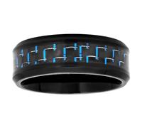 Men's Black Wedding Band 8mm Stainless Steel with Blue Carbon Fiber Inlay Modern & Bold for Him with Multiple RingSize, metal, no gemstone