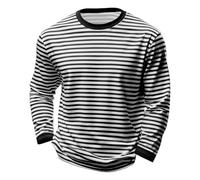 Men's Black & White Striped Long Sleeve Crew Neck T-Shirt, Classic Breton Stripe Casual Pullover, Soft Cotton Blend Comfort Jumper, Loose Fit Everyday Basic Top(Black, XXL)