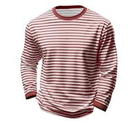 Men's Black & White Striped Long Sleeve Crew Neck T-Shirt, Classic Breton Stripe Casual Pullover, Soft Cotton Blend Comfort Jumper, Loose Fit Everyday Basic Top(Brick Red, L)