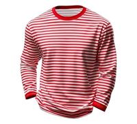 Men's Black & White Striped Long Sleeve Crew Neck T-Shirt, Classic Breton Stripe Casual Pullover, Soft Cotton Blend Comfort Jumper, Loose Fit Everyday Basic Top(Red, M)