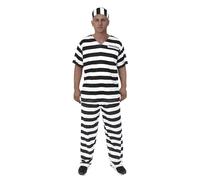 Men's Black & White Striped Prison Jumpsuit Fancy Dress Costume Convict Boiler Suit Prisoner Overalls Jail Jump Suit Outfit Mens Unisex Halloween Dress Up Black XL