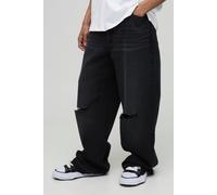 Mens Black Wide Leg Ripped Knee Jeans With Let Down Hem, Black 32R