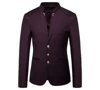 Mens Blazer Jacket,Mens Vintage Lightweight Blazer Jacket Long Sleeve Solid 3-Buttons Chinese Collar Grandad Suit Jacket Slim Fit Suit Blazer Casual Smart Smoking Dinner Blazer,Wine Red,Xl