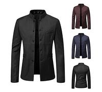 Mens Blazer Jacket Plain Button Down Chinese Collar Grandad Suit Jacket Slim Fit Solid Suit Blazer Casual Smart Plus Size