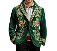 Mens Blazer St Patricks Day Outfits Summer Jackets for Men UK Leprechaun Fancy Dress Lightweight St. Suits Jacket Blazers Corduroy Lucky Shamrock Print Suit Ireland Irish Green Paddys Funny Clover