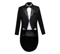 Men's Blazer Suits Slim Fit Long Tailcoat Tuxedos Formal Lapel Jacket Pants Waistband Bowtie Halloween Magician Costume, 04-embroider Black, L