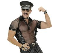 Mens Blk Net & Leatherlook T - Shirts Man Size Costume Large UK 42/44" for 80s Fancy Dress