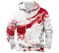 Men's Blood Splatter Print Hoodie with Drawstring - Unique Halloween Style Pullover Sweatshirt - White and Red Graphic Hooded Jumper - Casual Long Sleeve Streetwear Hoodie for Men