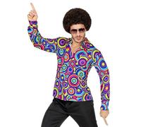 Mens Blue 1970s Groovy Circle Shirt Disco Retro Fancy Dress Costume