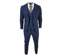 Mens Blue 3 Piece Suit Herringbone Tweed Checked Formal Dress Suits - Blue 44