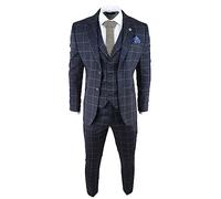 Mens Blue 3 Piece Suit Tan Check Classic Wedding Prom Peaky Tweed Vintage - Navy 46