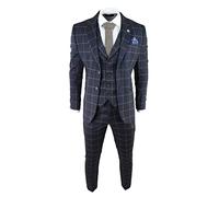 Mens Blue 3 Piece Suit Tan Check Classic Wedding Prom Peaky Tweed Vintage - Navy 52