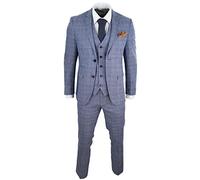 Mens Blue 3 Piece Suit Vintage Navy Tan Check Tailored Fit Classic Gatsby 1920s