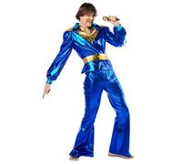 Mens Blue 70s Dancing King Costume Metallic Gold Bjorn Fancy Dress 1970s Suit