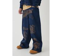 Mens Blue Balloon Fit Rigid Contrast Stitch Ripped Jeans, Blue 32R
