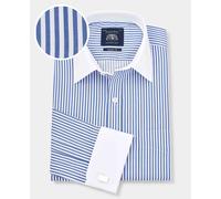 Men's Blue Bengal Stripe Windsor Collar Classic Fit Formal Shirt - Double Cuff - Size: 16" x Extra Long - 36.5" - Savile Row Company