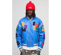 Mens Blue Boxy Fit Letter Badge Applique PU Varsity Bomber Jacket, Blue M