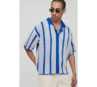 Mens Blue Boxy Open Stitch Revere Stripe Knitted Shirt, Blue M