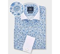 THE SAVILE ROW COMPANY LONDON Men's Classic Fit Cotton Poplin Double Cuff Winchester Formal Shirt - Blue Floral Print - 19" Collar